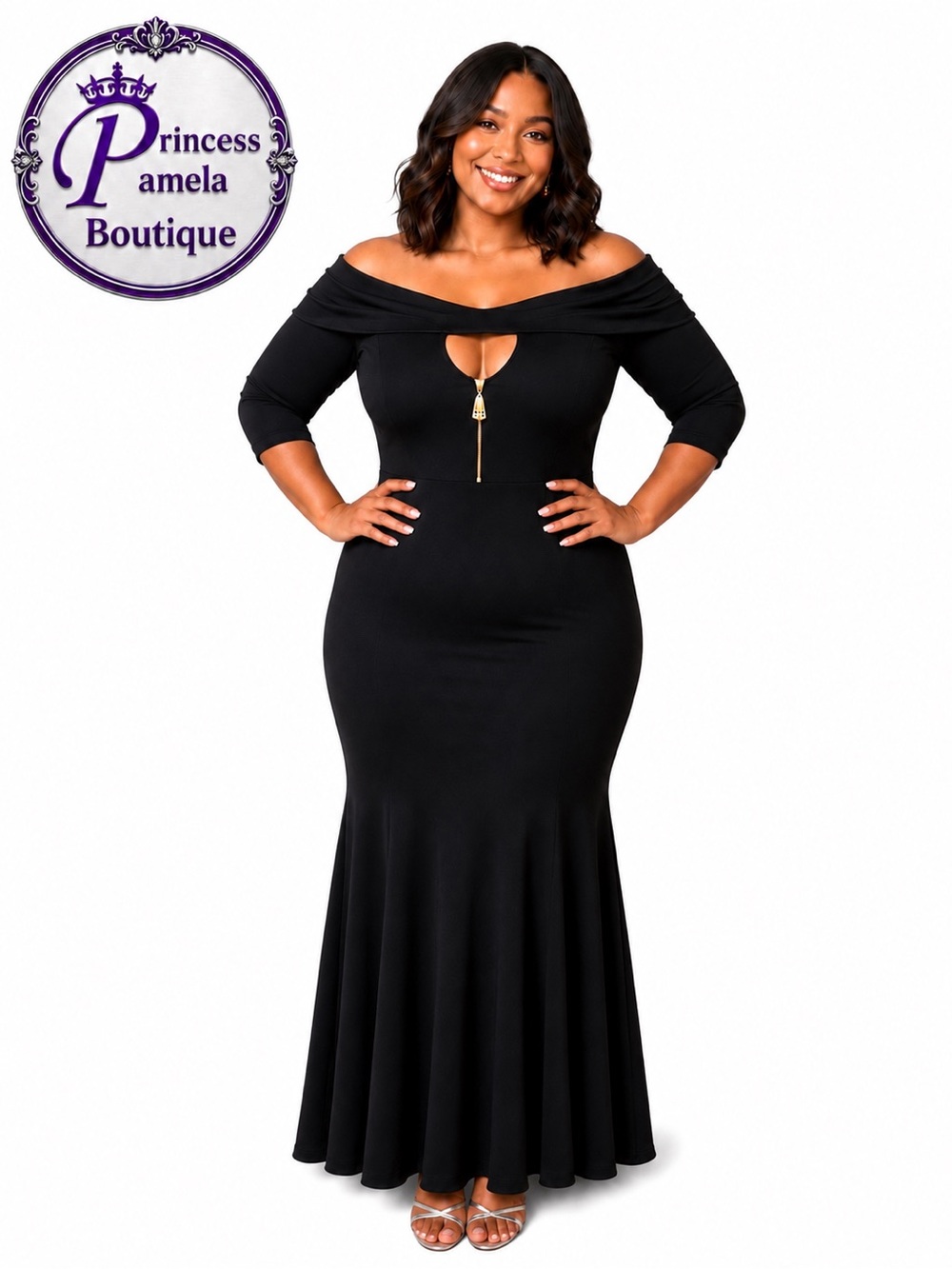 Black solid off the shoulder long dress. 2X/ PTP: 21 (42) - NWOT
